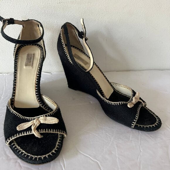 VINTAGE 90's PRADA TWEED BOW WEDGE SANDALS SIZE 38.5 / 8.5 US - Picture 1 of 7